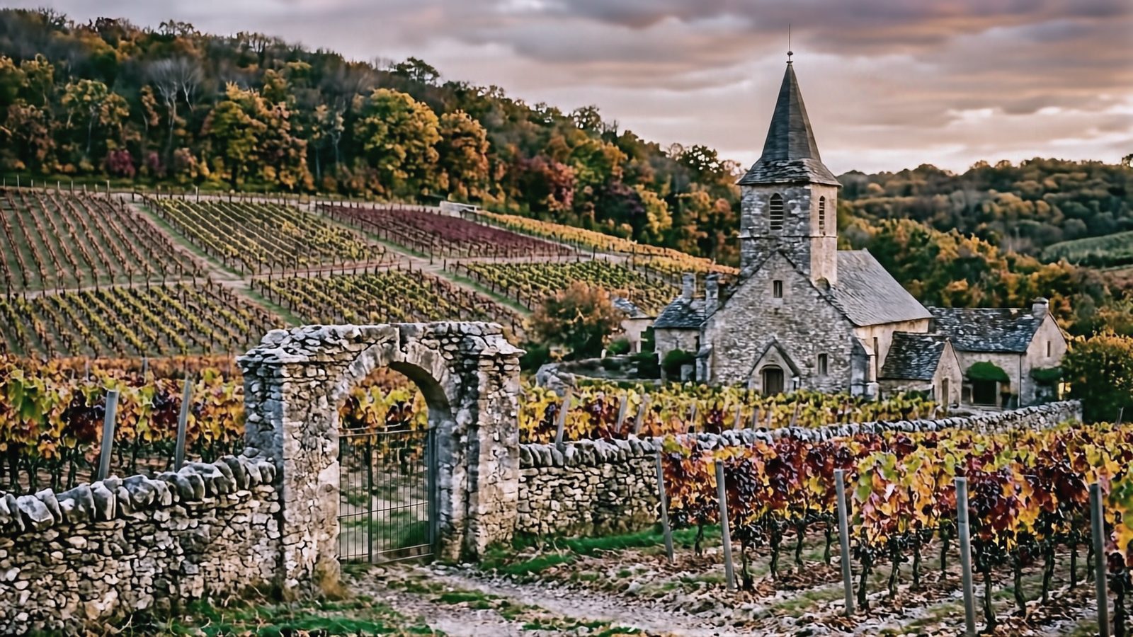 Le clos du domaine en octobre : son mur de pierre sèche, son portail, l'église du village en contrebas.