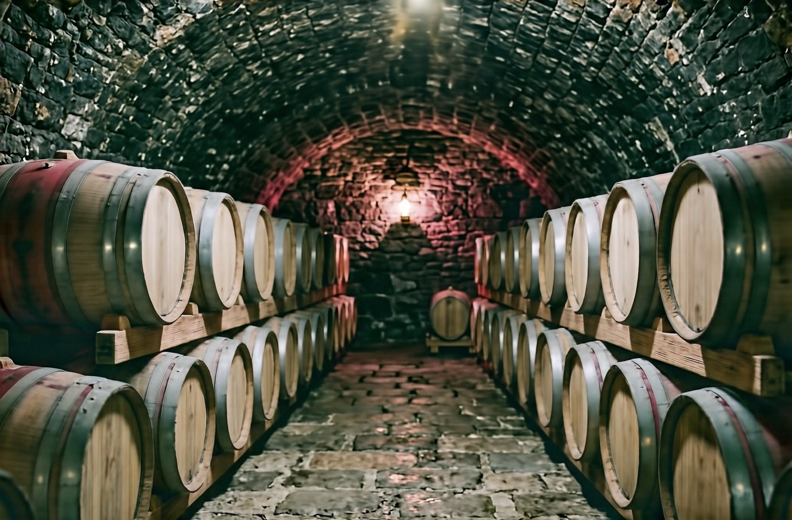 La cave voûtée du domaine, deux rangées de fûts de chêne.